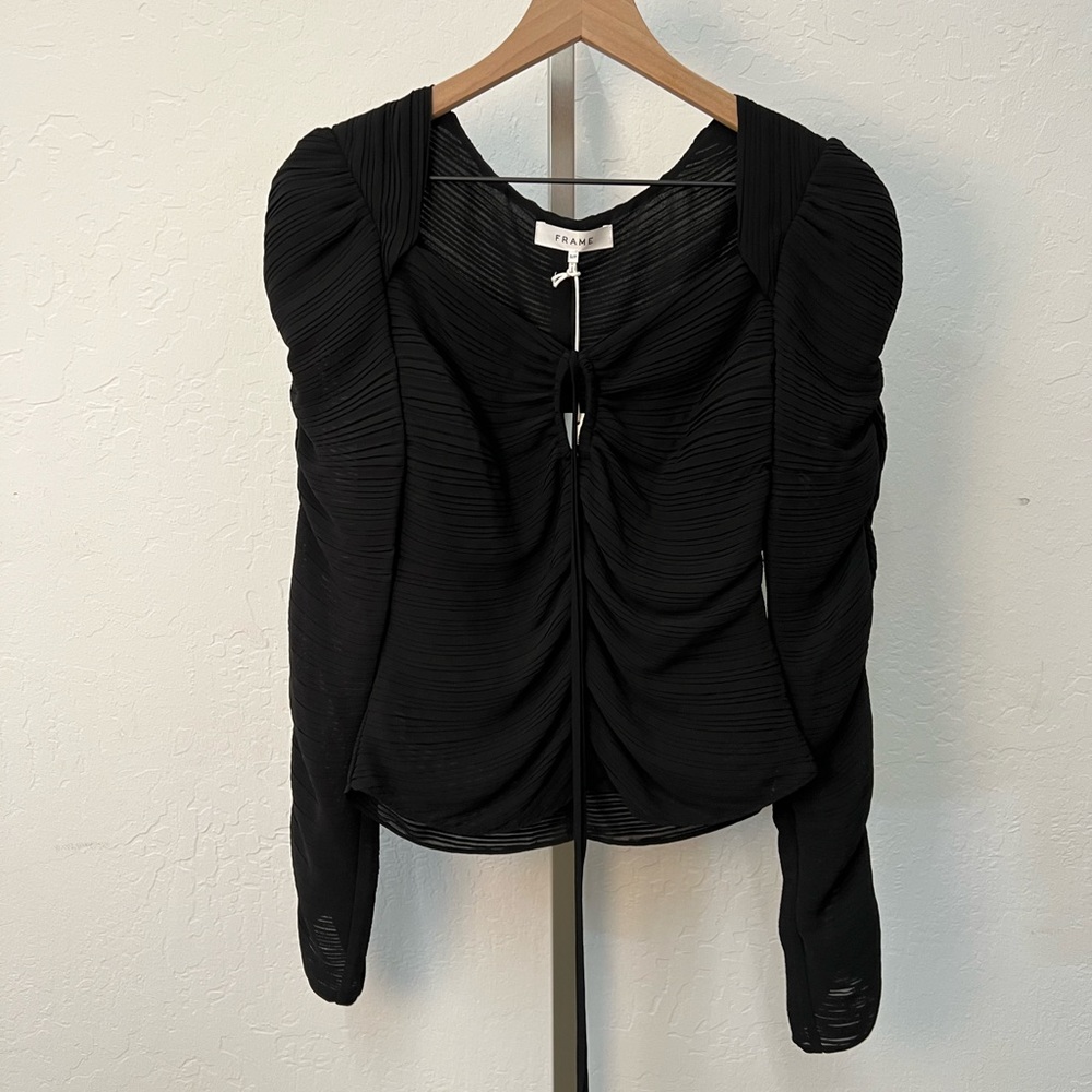 Frame Gathered Ruched Keyhole Tie Neck Puff Long Sleeve Top - Picture 10 of 15